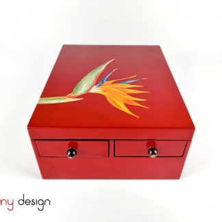 Red rectangular lacquer cabinet with 2 small drawers hand-painted with crane flower  22x28xH11 cm